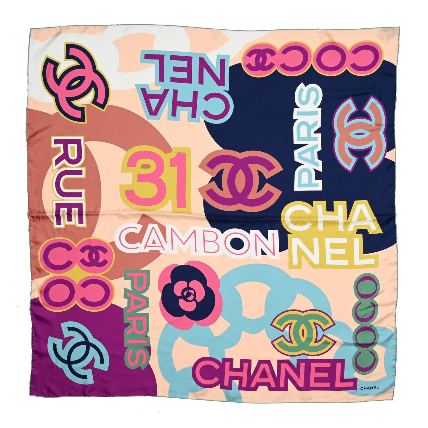 Silk CC Square Scarf Light Beige Navy Light Brown Blue