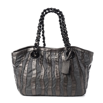 Prada Metallic Nappa Tessuto Nylon Mordore Stripes Tote Grey 1 of 10