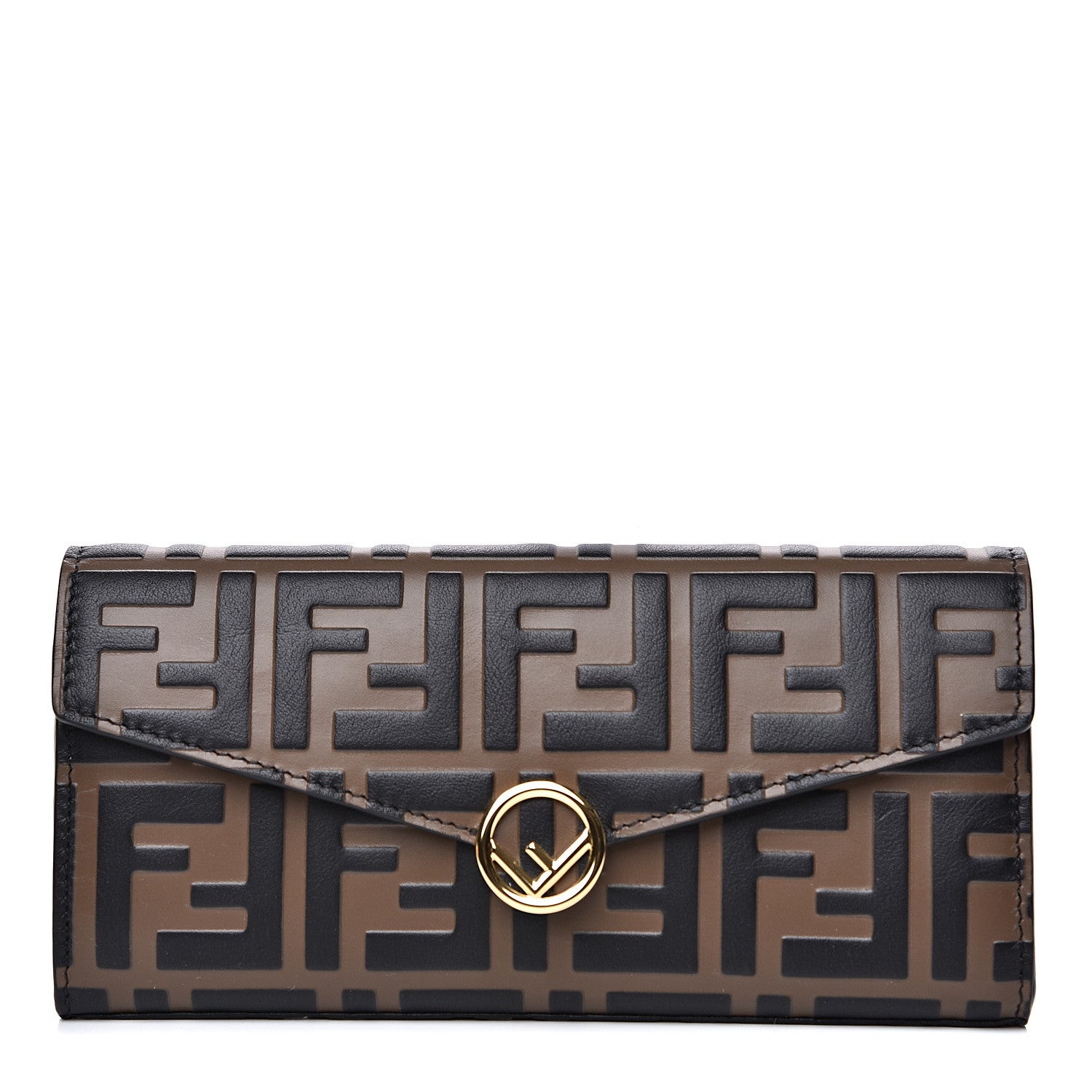 Fendi Vitello Soft F is Fendi Bi-Color FF 1974 Embossed Continental Envelope Wallet Maya Black 1 of 7