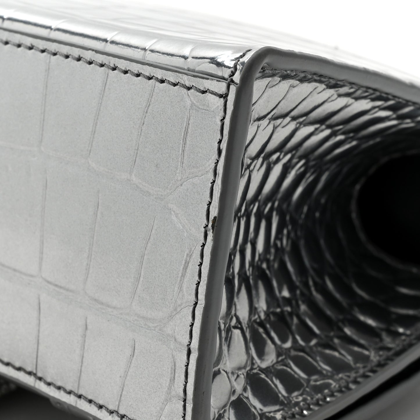 Metallic Calfskin Crocodile Embossed Crystal Hourglass Top Handle Bag XS Silver