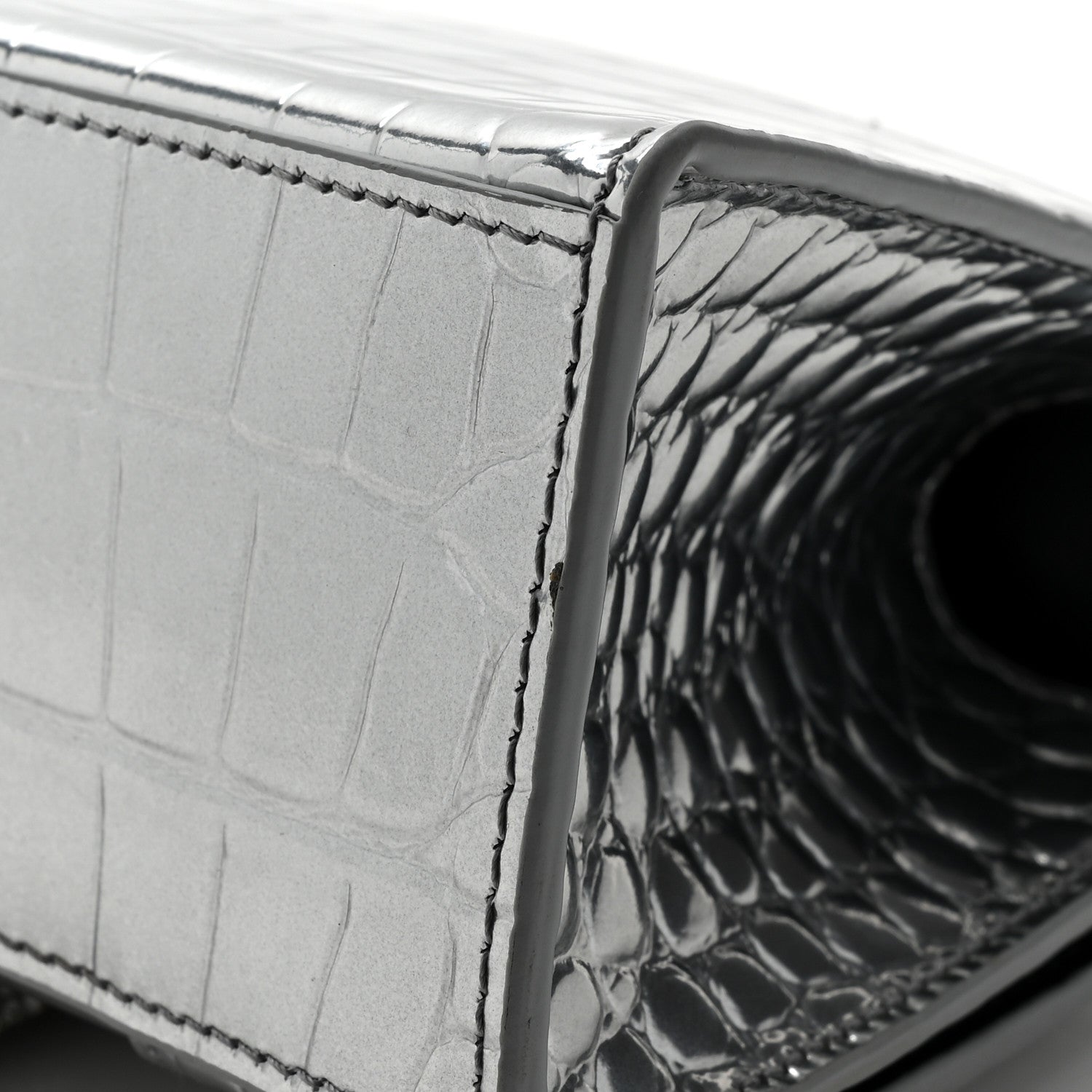 Balenciaga Metallic Calfskin Crocodile Embossed Crystal Hourglass Top Handle Bag XS Silver 15 of 16