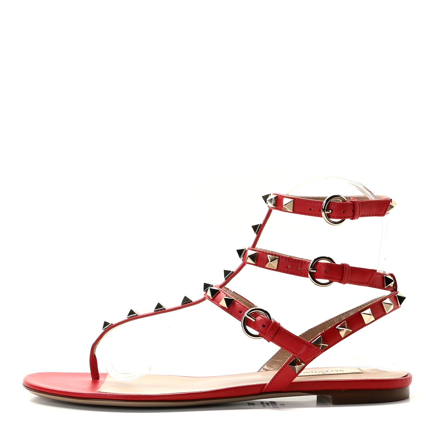 Valentino Garavani Calfskin Nappa Rockstud Ankle Wrap Flat Thong Sandals 38.5 Rouge Pur 1 of 12