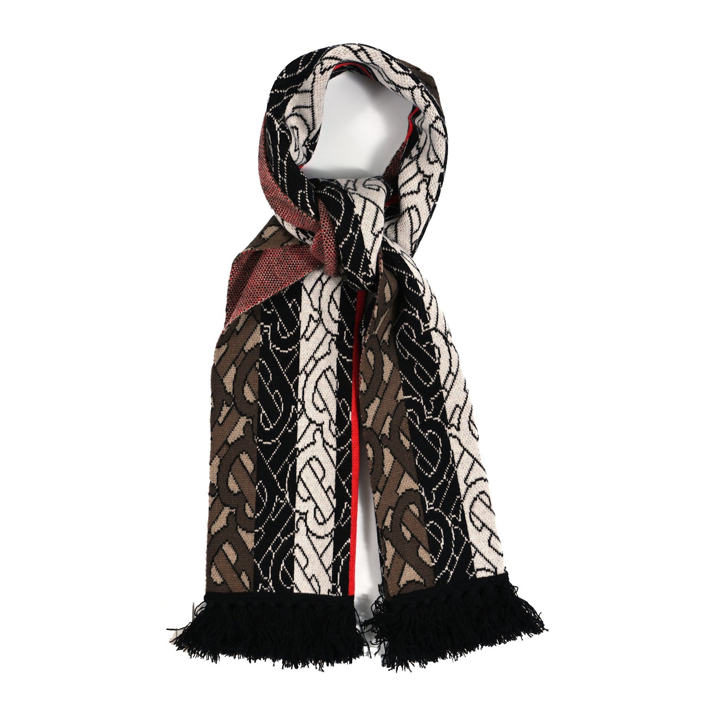 Cashmere TB Monogram Stripe Football Knit Scarf Bridle Brown