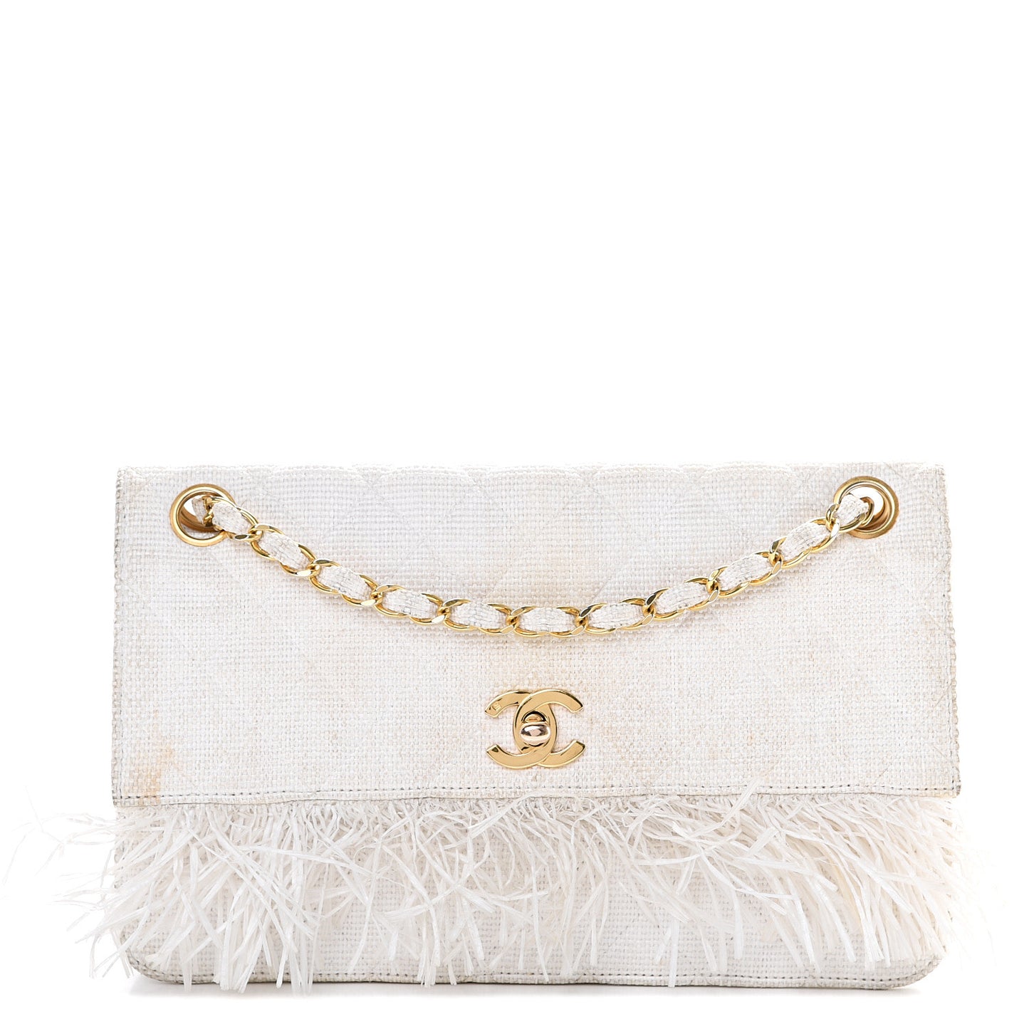 Woven Raffia Quilted CC Fringe Flap White