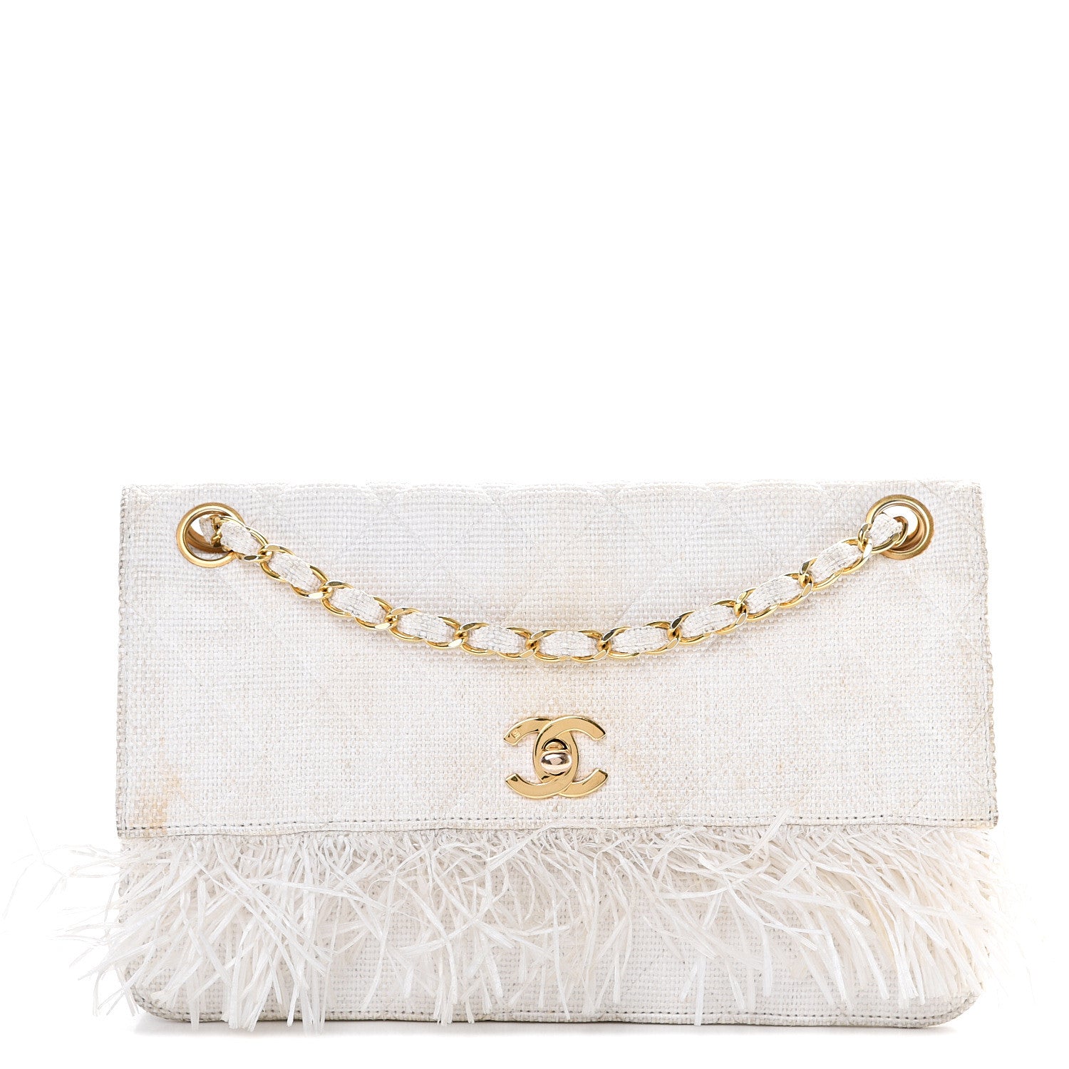 Chanel Woven Raffia Quilted CC Fringe Flap White 1 of 20