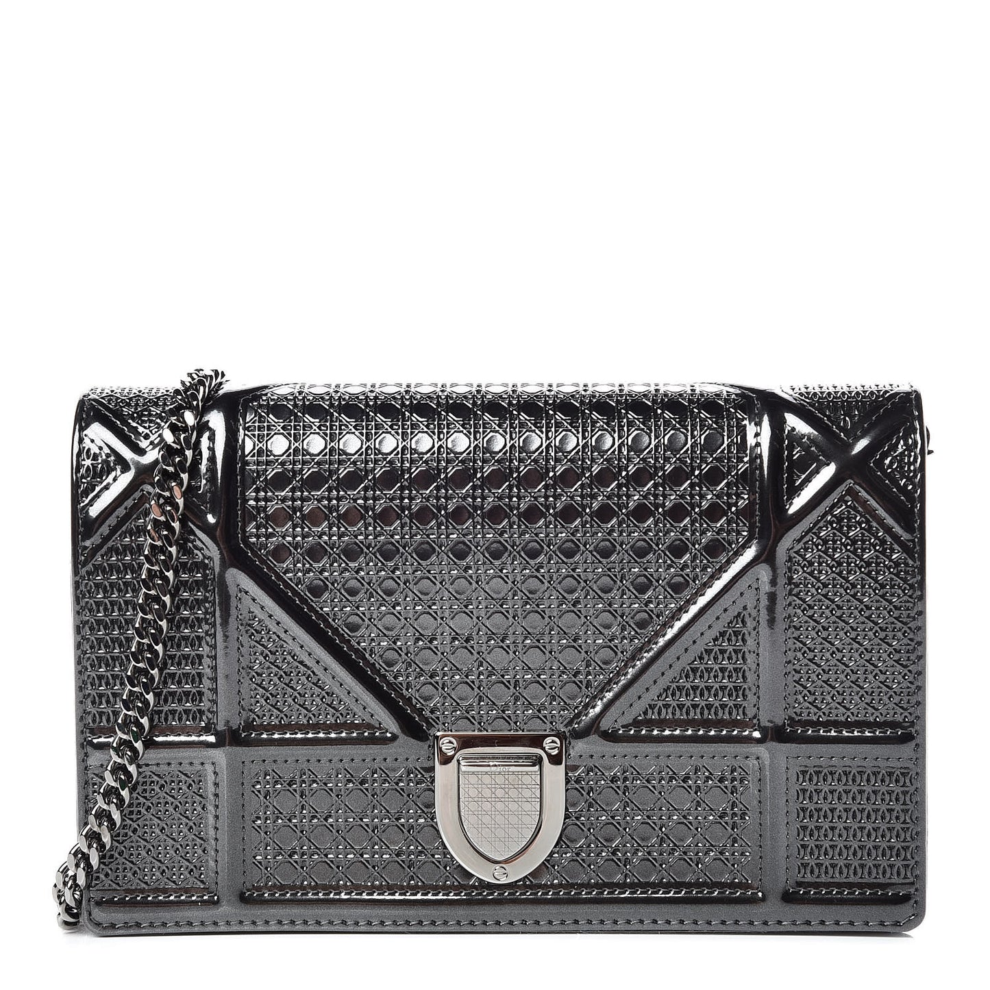 Metallic Patent Micro-Cannage Diorama Wallet on Chain Pouch Black