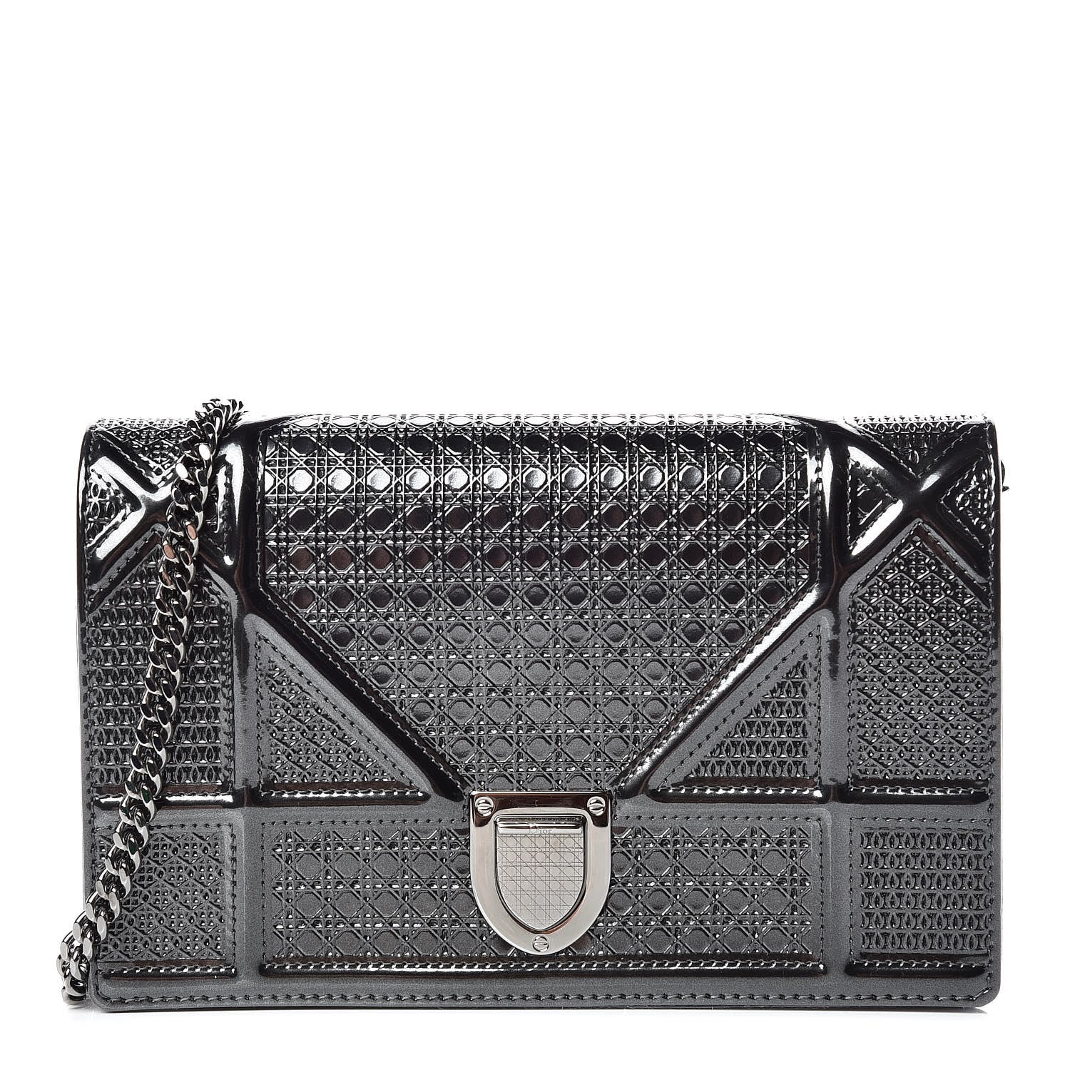 Christian Dior Metallic Patent Micro-Cannage Diorama Wallet on Chain Pouch Black 1 of 9