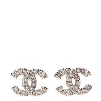 Chanel Metal Graduated Pearl Crystal CC Earrings Light Gold 1 of 4