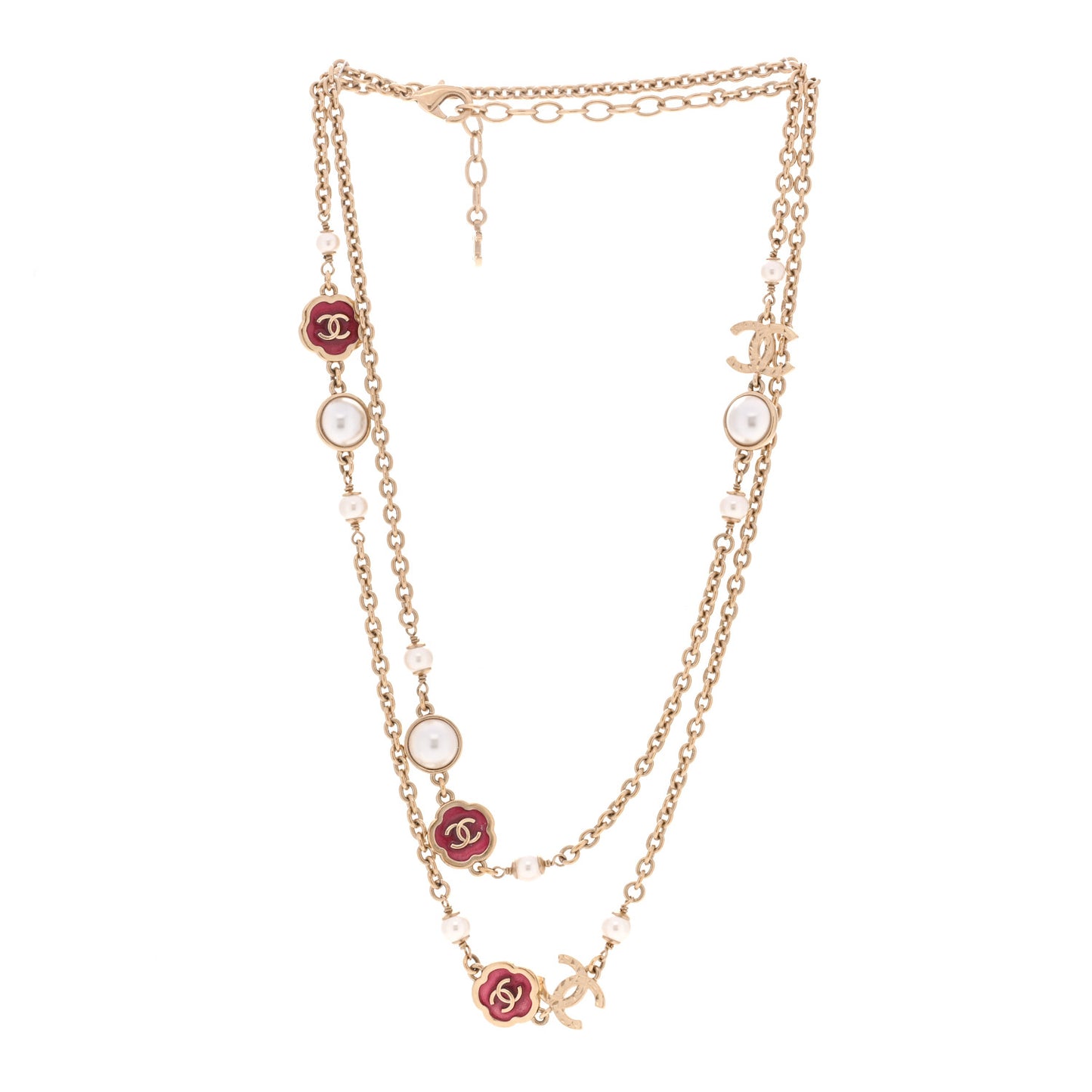 Pearl Enamel CC Camellia Long Necklace Pink Gold