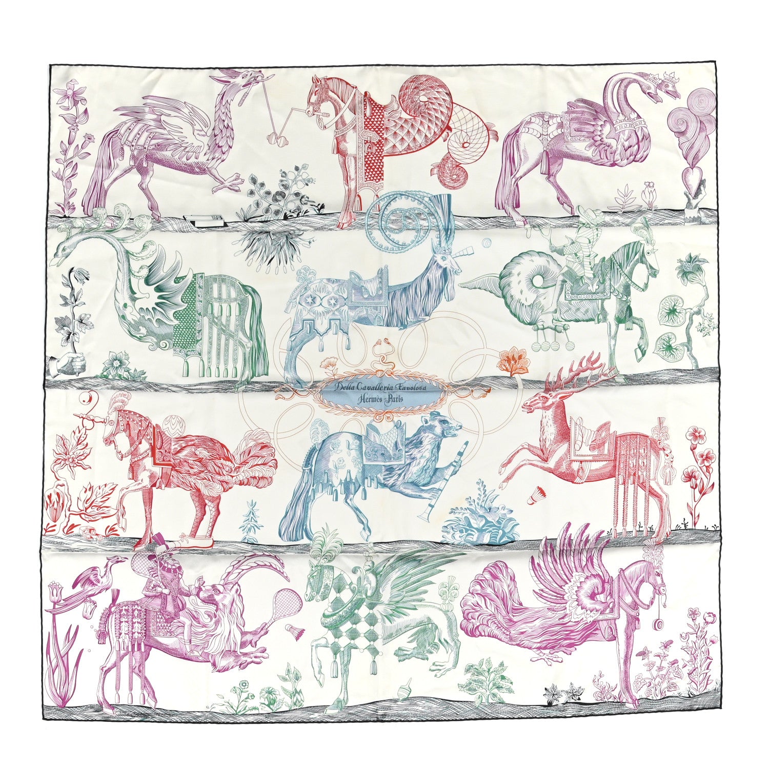 Hermes Silk Della Cavalleria Favolosa Reversible Scarf 90 Blanc Rouge Marine 1 of 7