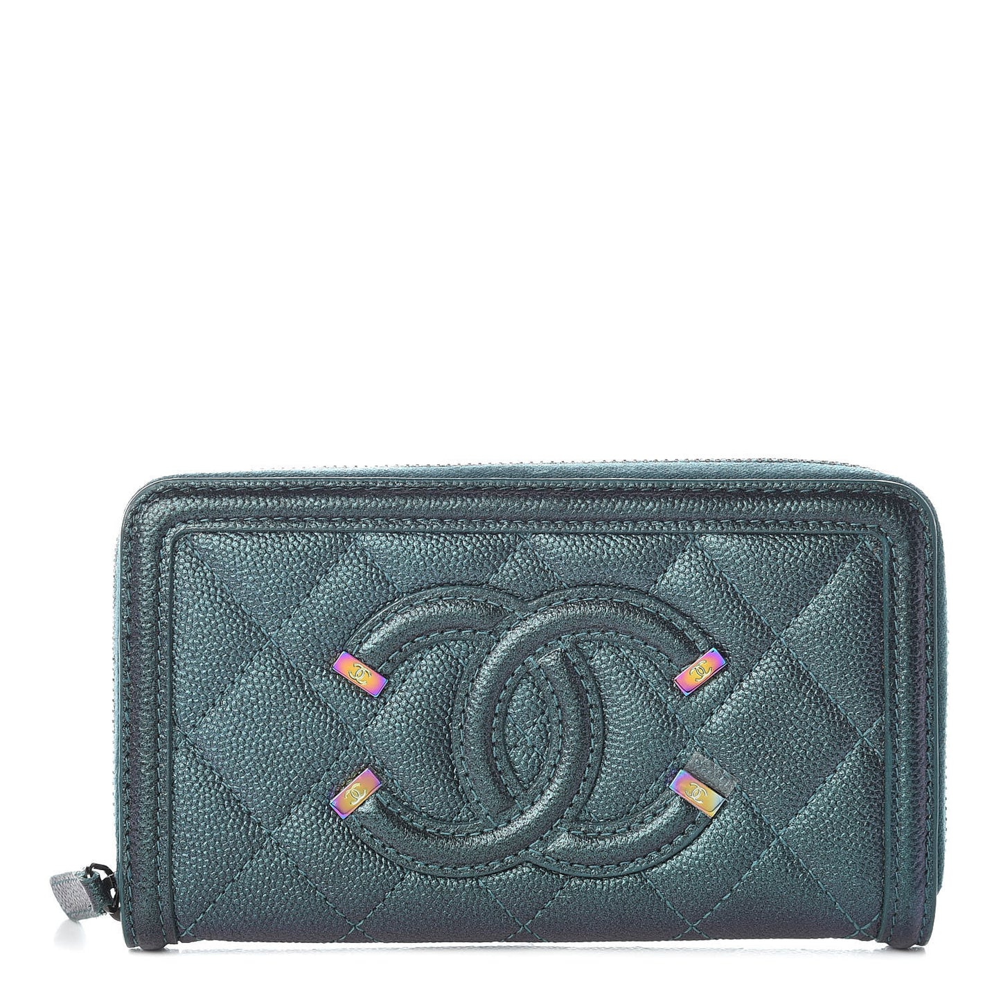 Iridescent Caviar Quilted Medium Filigree Zip Around Wallet Dark Turquoise
