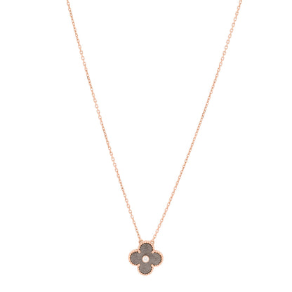 Van Cleef & Arpels 18K Rose Gold Diamond Silver Obsidian Vintage Alhambra Pendant Necklace 1 of 5