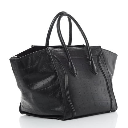 Celine Crocodile Embossed Calfskin Medium Phantom Luggage Black 3 of 14