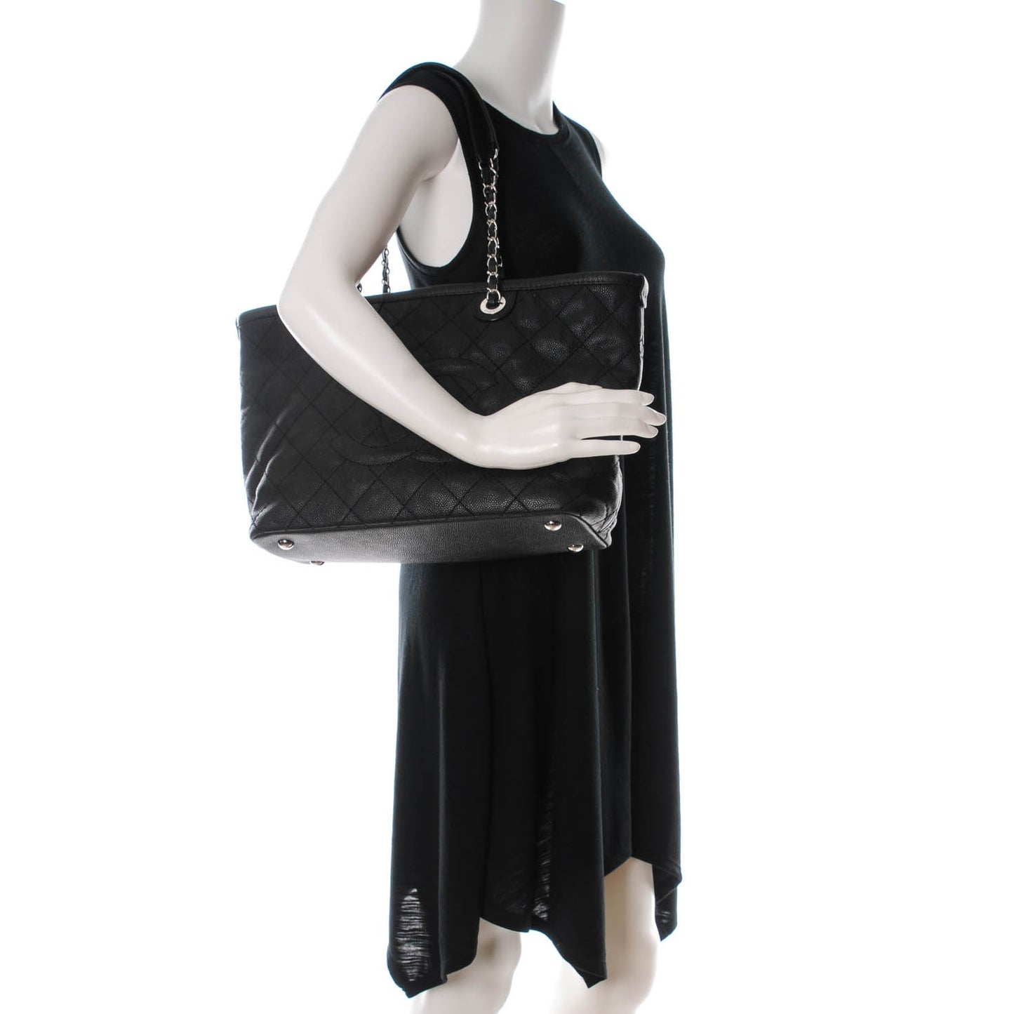 Grained Calfskin Quilted Small Daily Shopping Tote Black