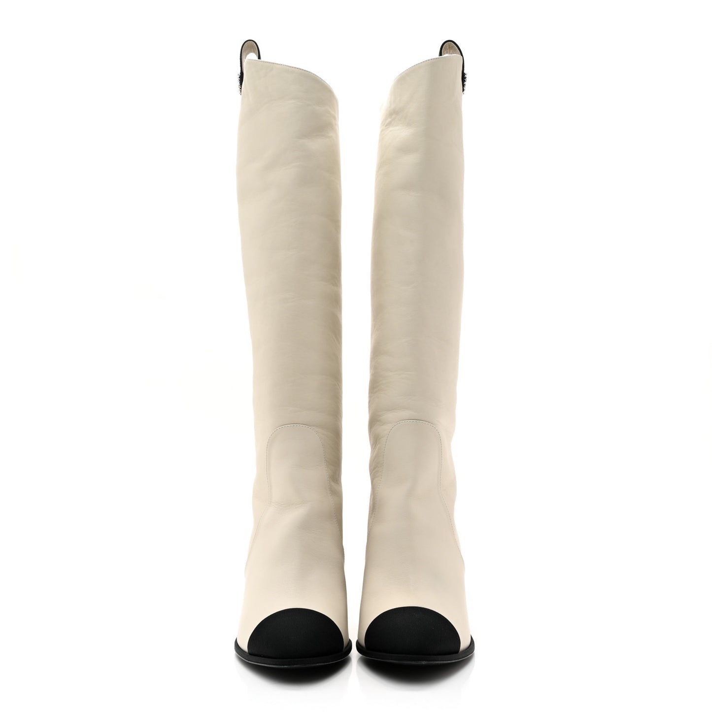 Calfskin Grosgrain Cap Toe Knee High Boots 39.5 White Black