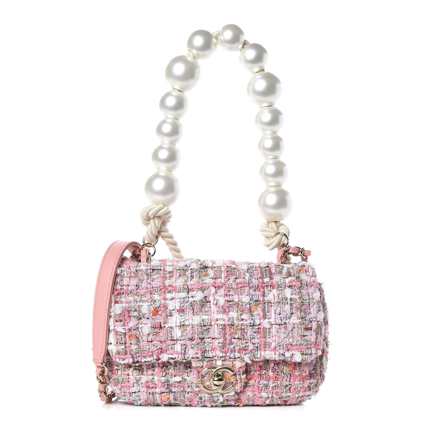 Tweed Mini Pearl Handle Flap Pink Beige Orange Ecru