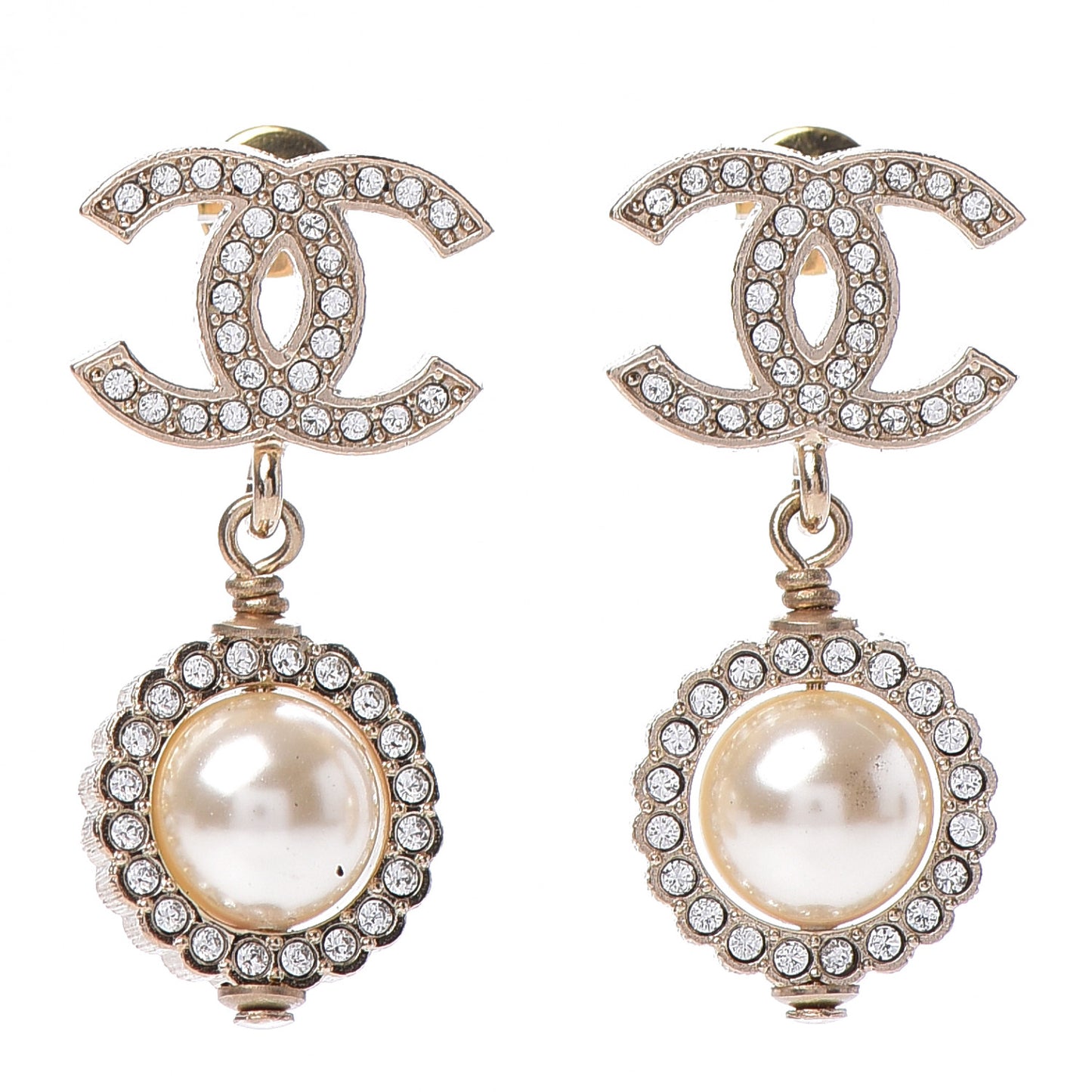 Crystal Pearl CC Drop Earrings Gold