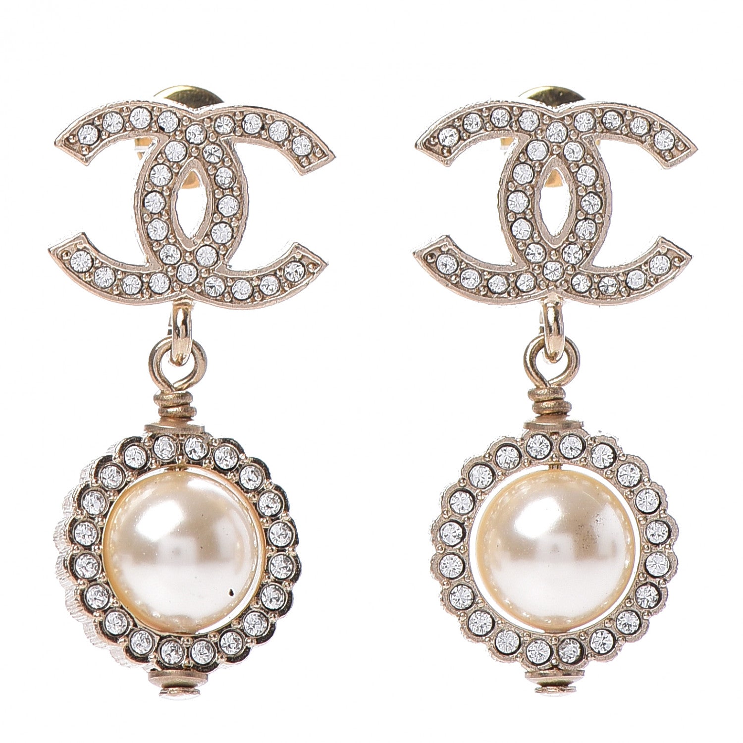 Chanel Crystal Pearl CC Drop Earrings Gold 1 of 5