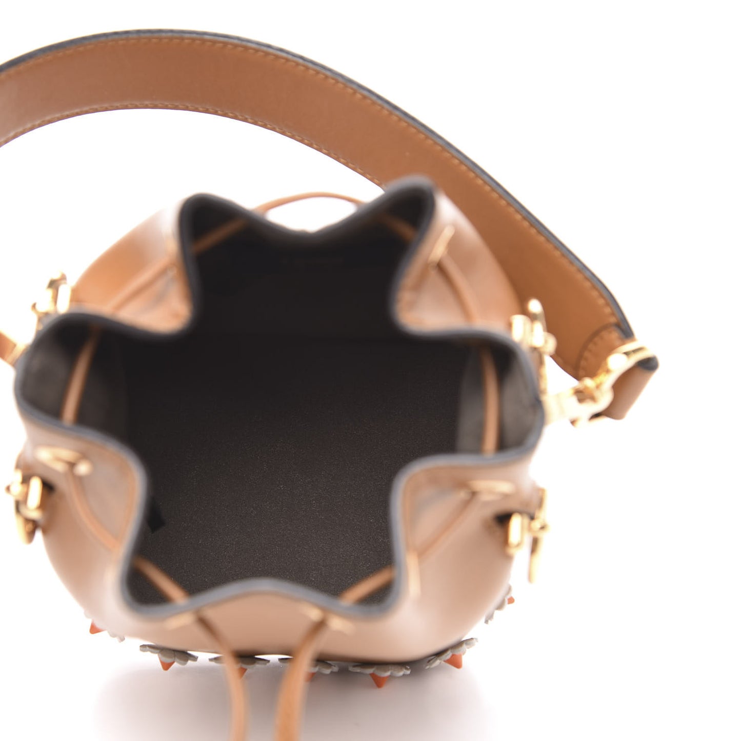 Vitello Liberty F is Fendi Floral Embellished Mini Mon Tresor Bucket Bag Caramello