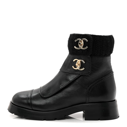 Chanel Calfskin Knit CC Short Boots 38 Black 1 of 10