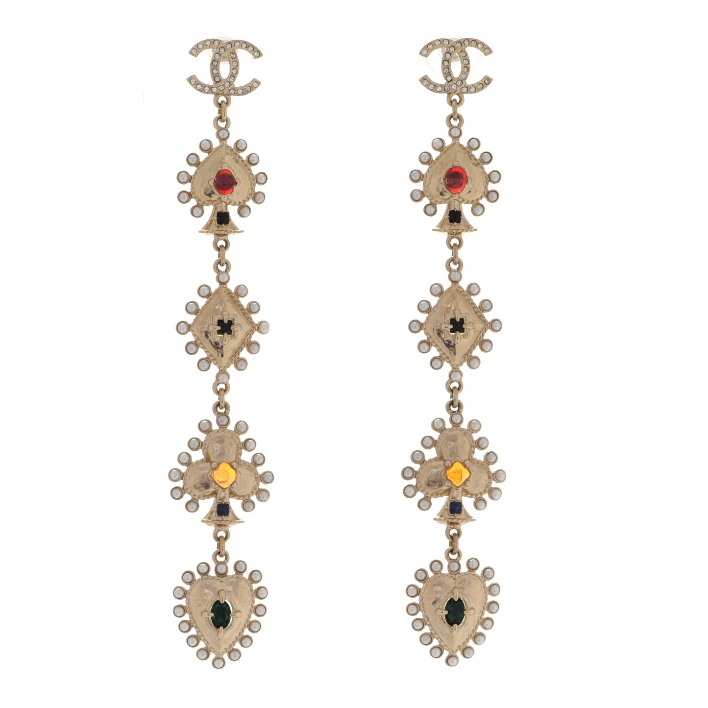 Metal Pearl Spade Diamond Club Heart Long Drop Earrings Gold Multicolor