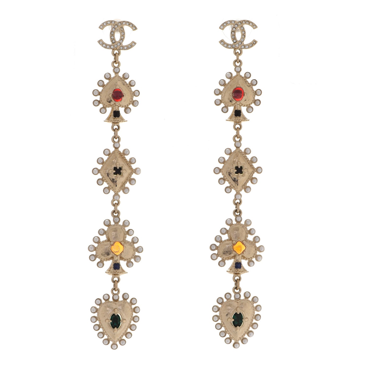 Chanel Metal Pearl Spade Diamond Club Heart Long Drop Earrings Gold Multicolor 1 of 4