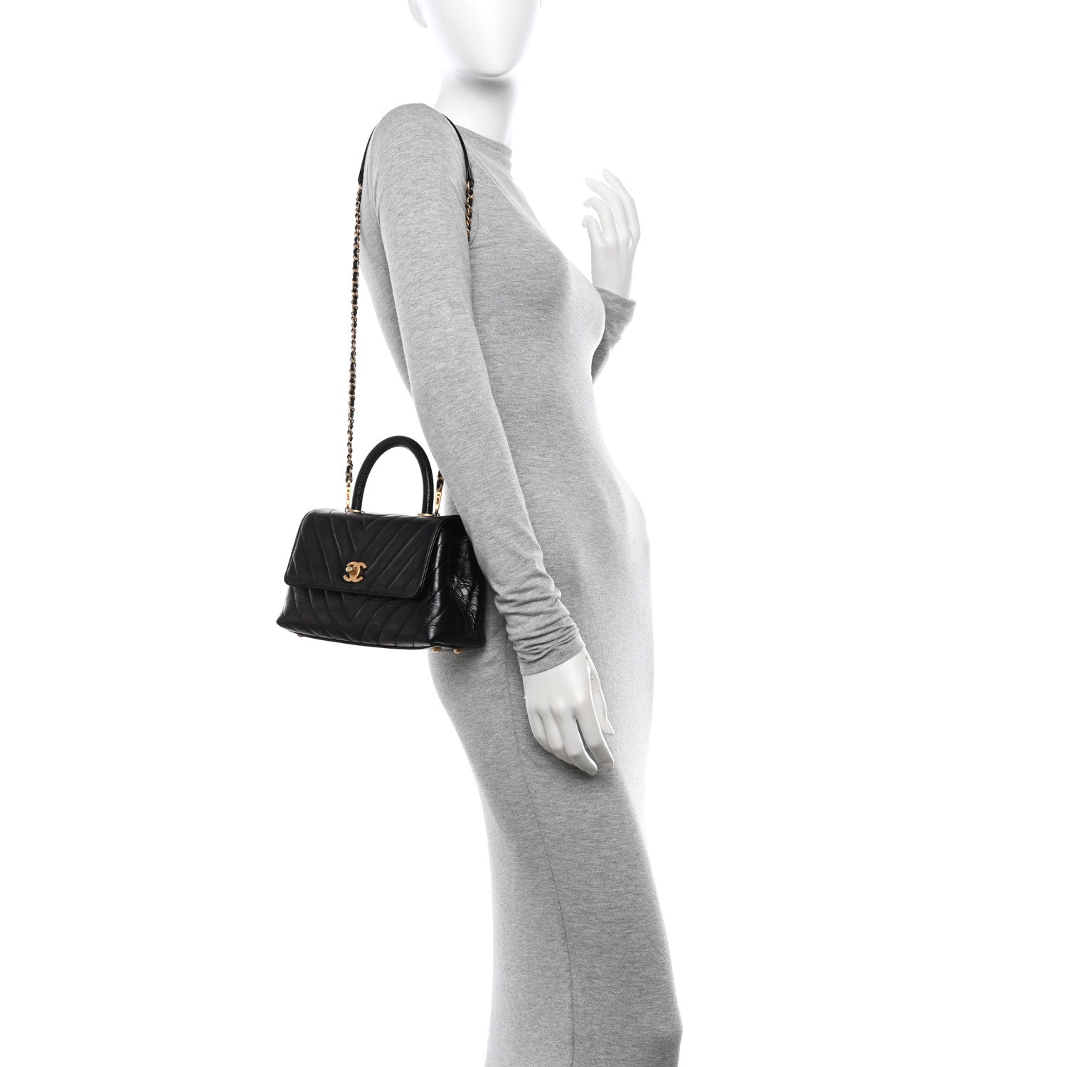 Chanel Calfskin Lizard Chevron Quilted Mini Coco Handle Flap Black 3 of 12
