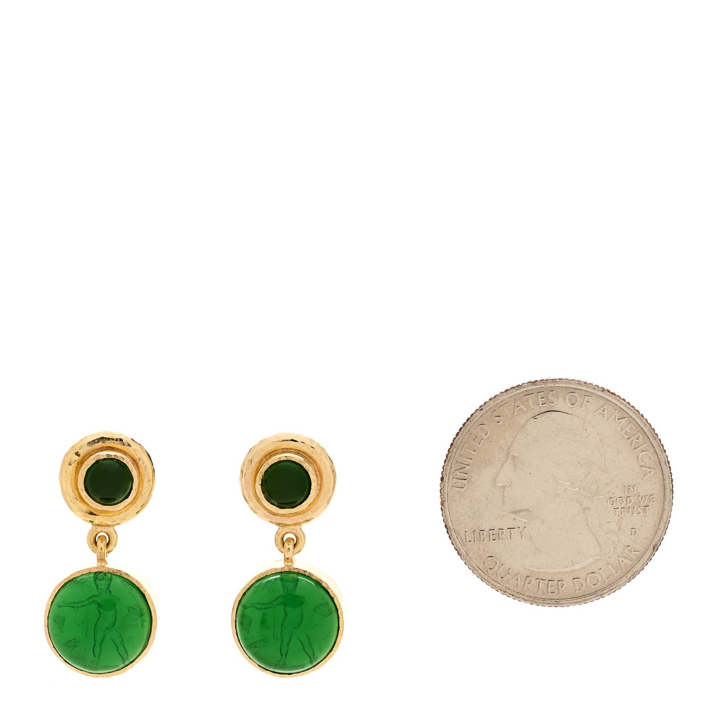 19K Yellow Gold Chrome Diopside Venetian Glass Putto and Duck Earrings Green