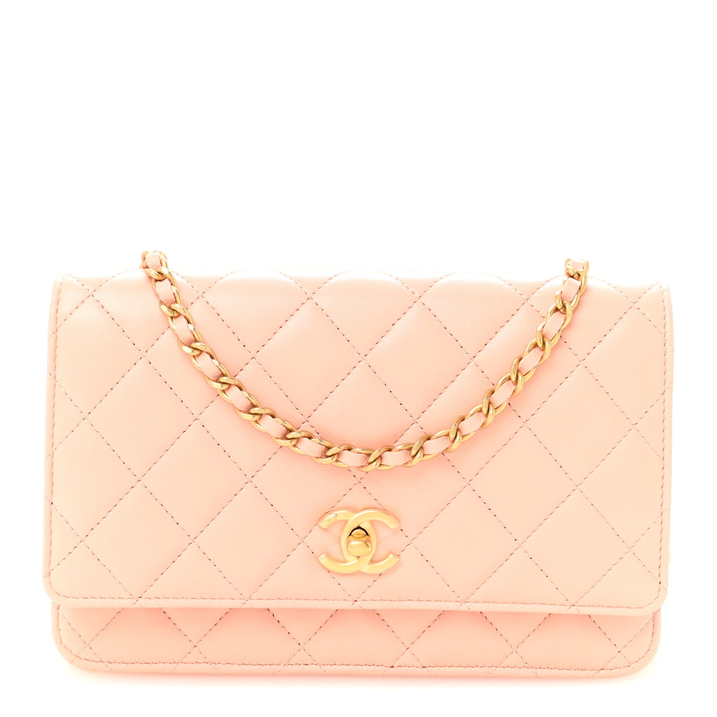 Lambskin Quilted CC Pearl Crush Wallet on Chain WOC Light Orange