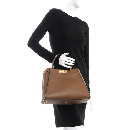 Fendi Vitello Seta Fabric Jacquard Pequin Medium Peekaboo Iconic Satchel Foresta Tobacco 3 of 9