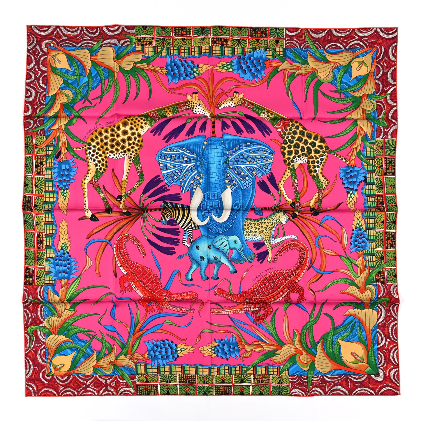 Silk La Marche Du Zambeze Scarf 90 Rose Vif Rose Vif Vert Bleu