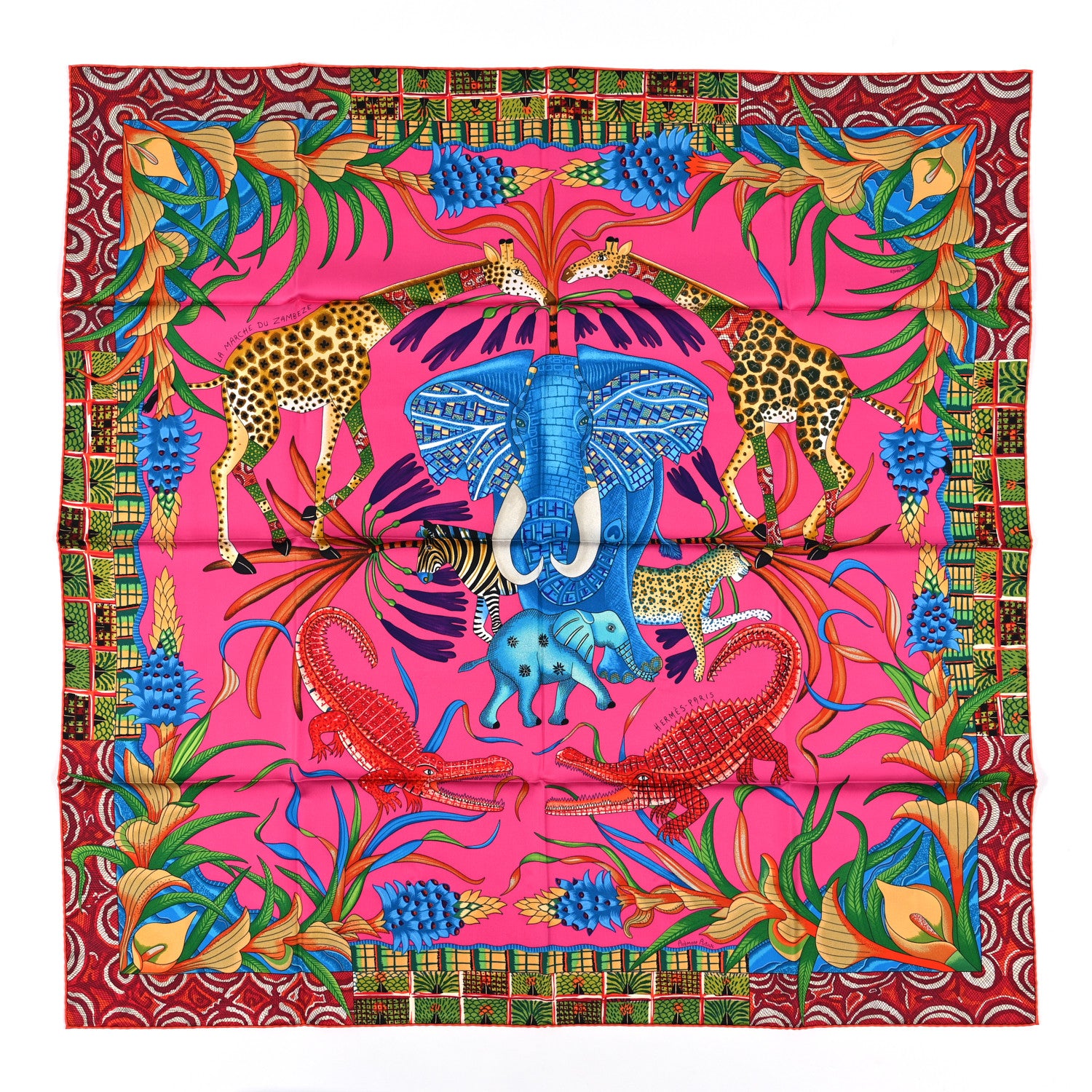 Hermes Silk La Marche Du Zambeze Scarf 90 Rose Vif Rose Vif Vert Bleu 1 of 3