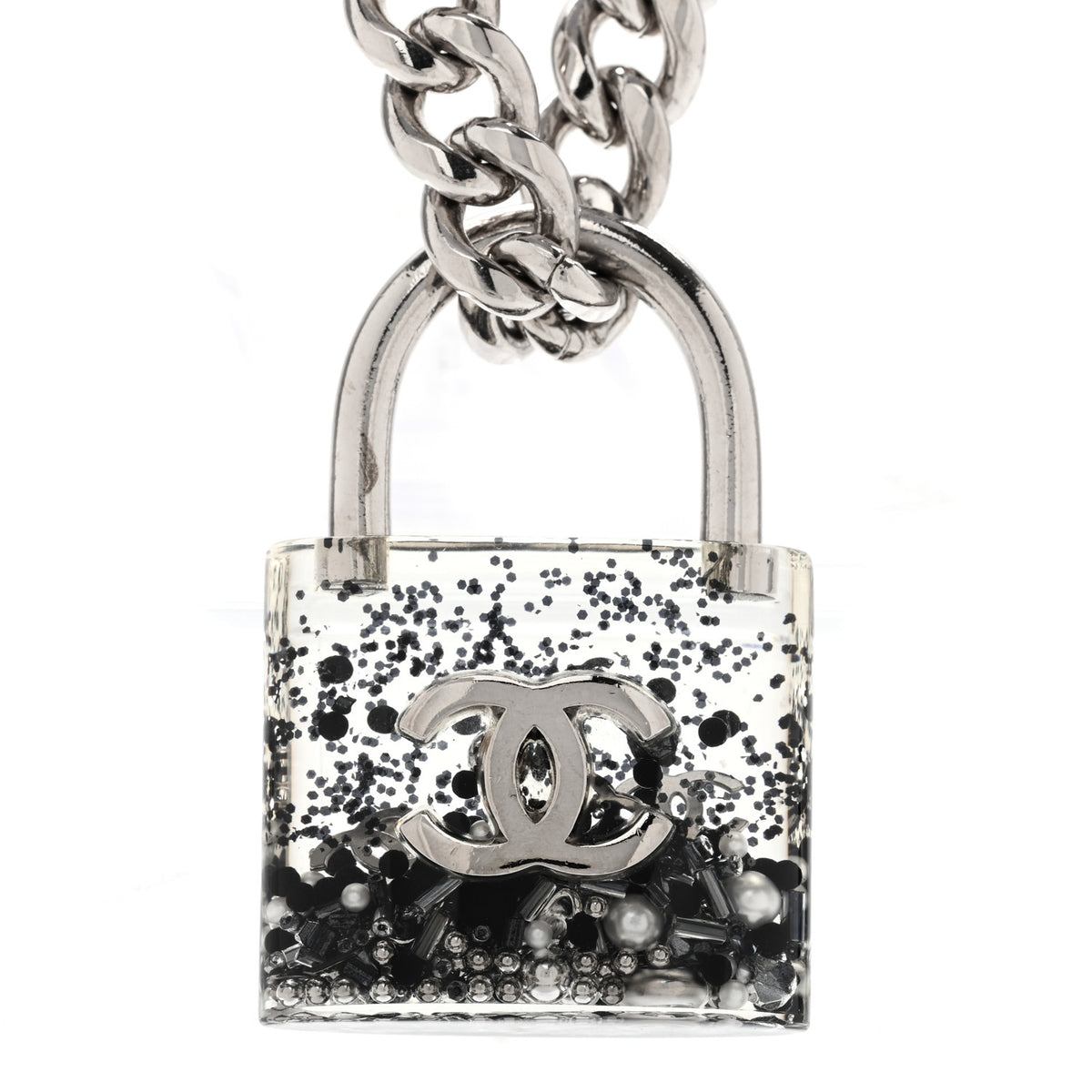 Chanel Resin CC Oversized Padlock Chain Necklace Silver Pearly White Silver Pearly White 4 of 5
