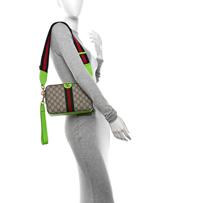 Gucci GG Supreme Monogram Textured Dollar Calfskin Web Ophidia Wristlet Shoulder Bag Beige Ebony Green 3 of 10