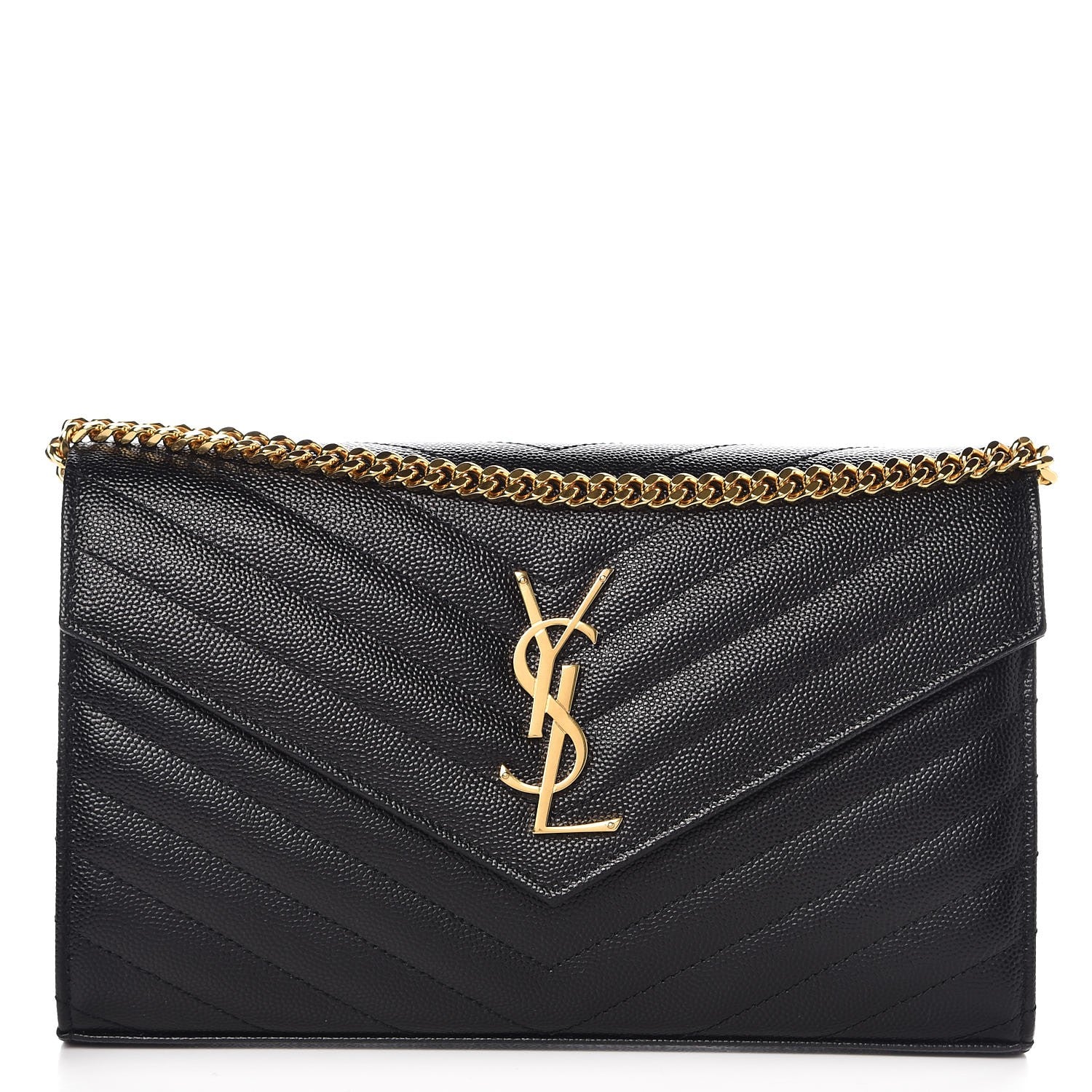 Saint Laurent Grain De Poudre Matelasse Chevron Monogram Chain Wallet Black 1 of 7