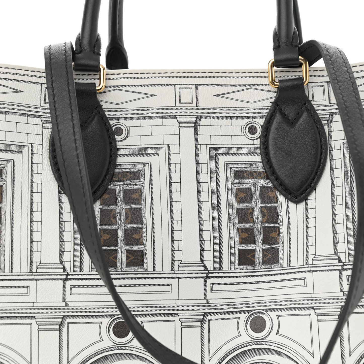 X FORNASETTI Calfskin Architettura Onthego MM Black White