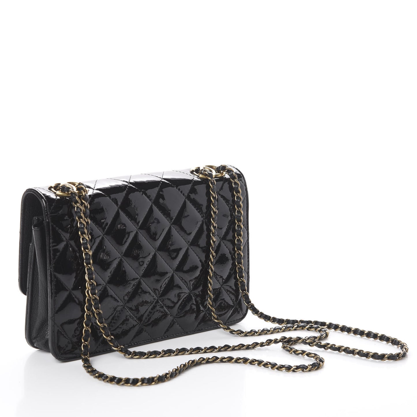 Patent Goatskin Quilted CC Eyelet Wallet On Chain WOC Black