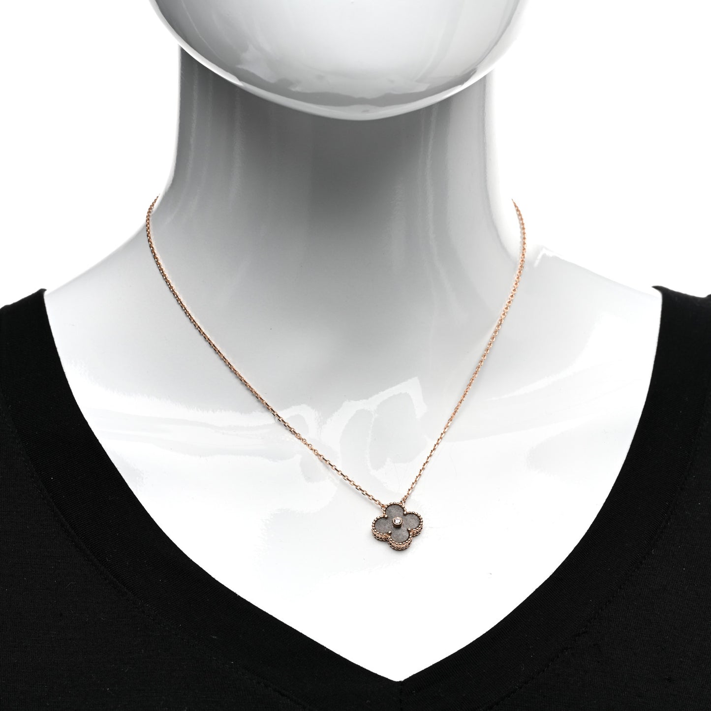 18K Rose Gold Diamond Silver Obsidian Vintage Alhambra Pendant Necklace