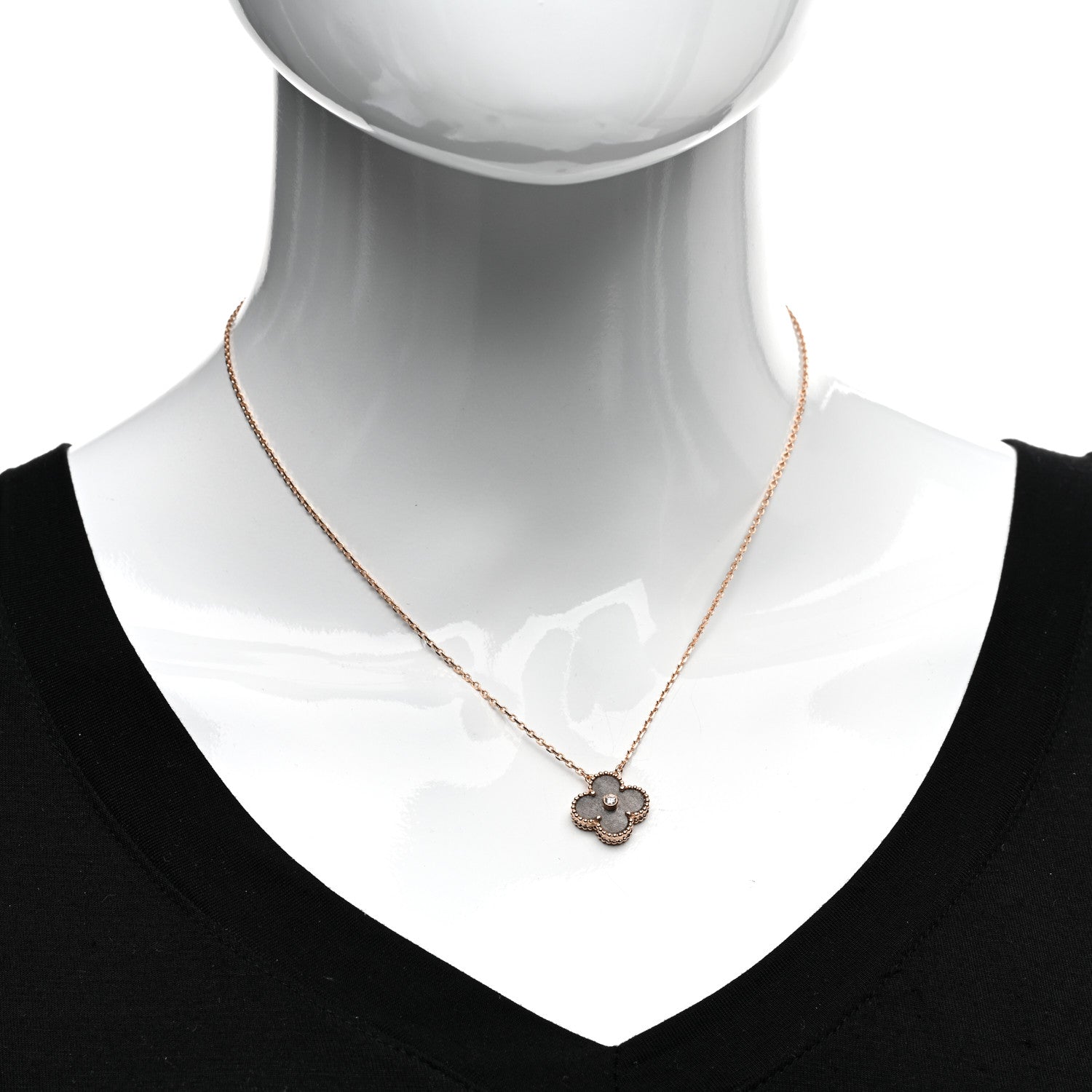 Van Cleef & Arpels 18K Rose Gold Diamond Silver Obsidian Vintage Alhambra Pendant Necklace 2 of 5