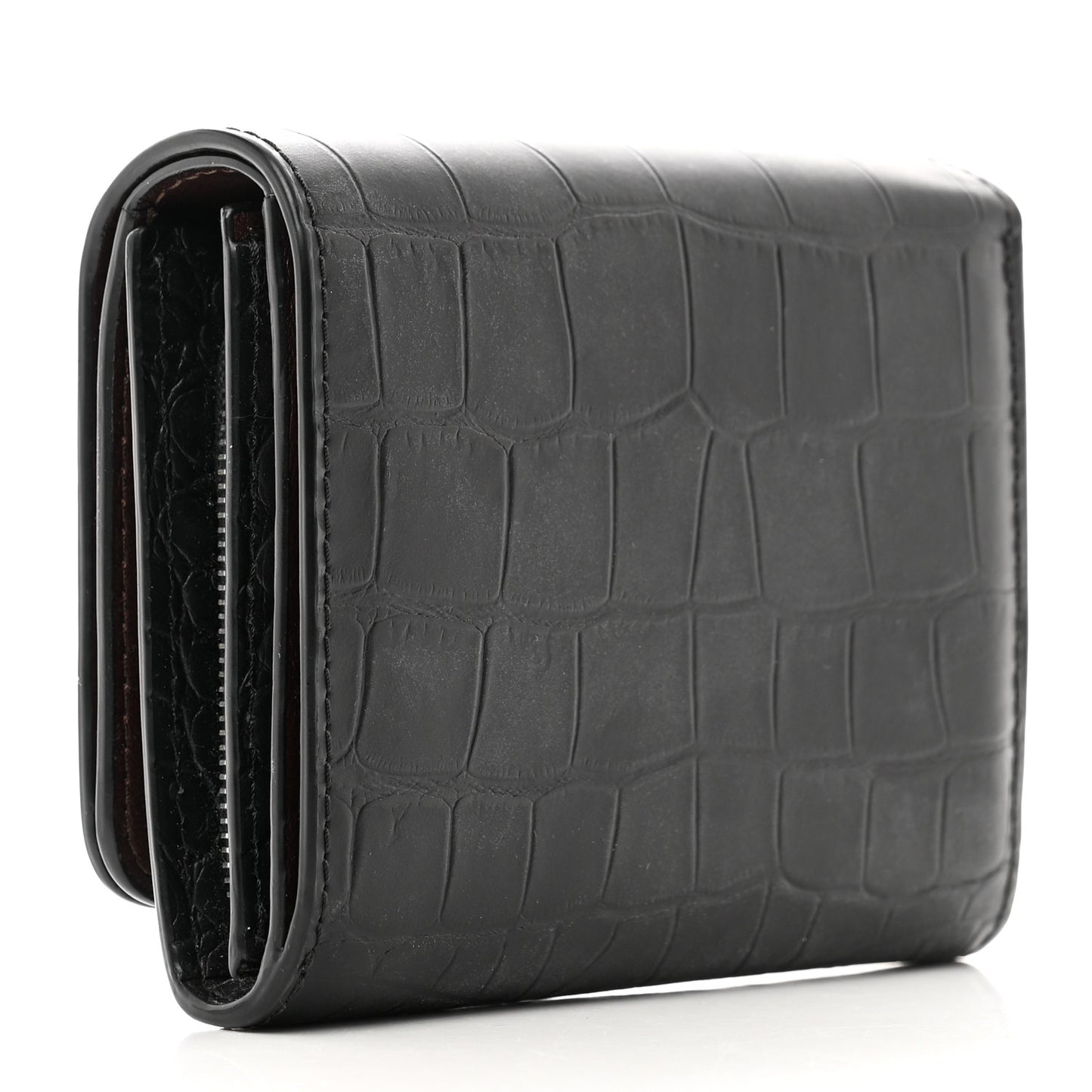 Crocodile Embossed Calfskin Small French Continental Wallet Black