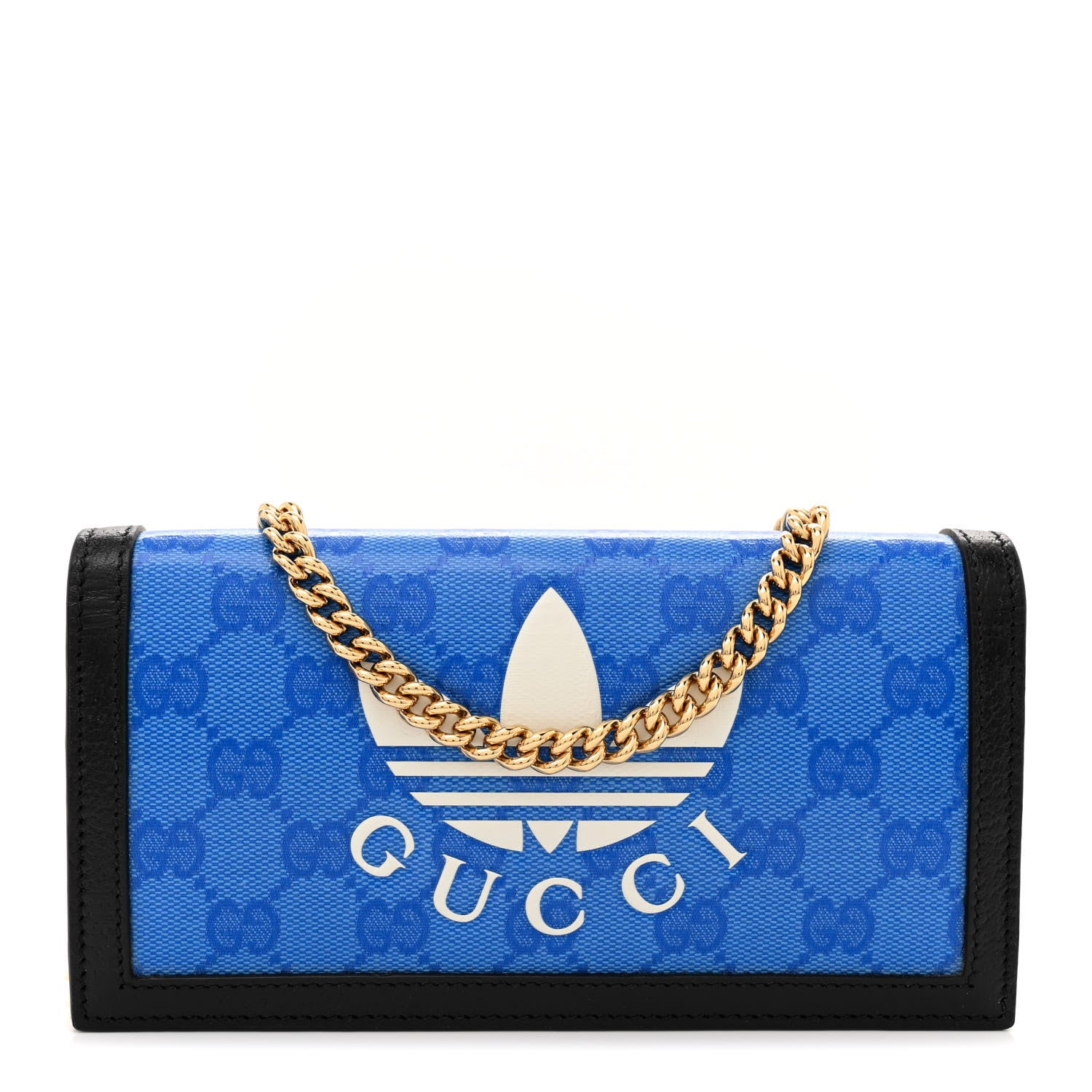 Gucci X ADIDAS Monogram Textured Dollar Calfskin Trefoil Embossed Wallet On Chain Blue 1 of 11