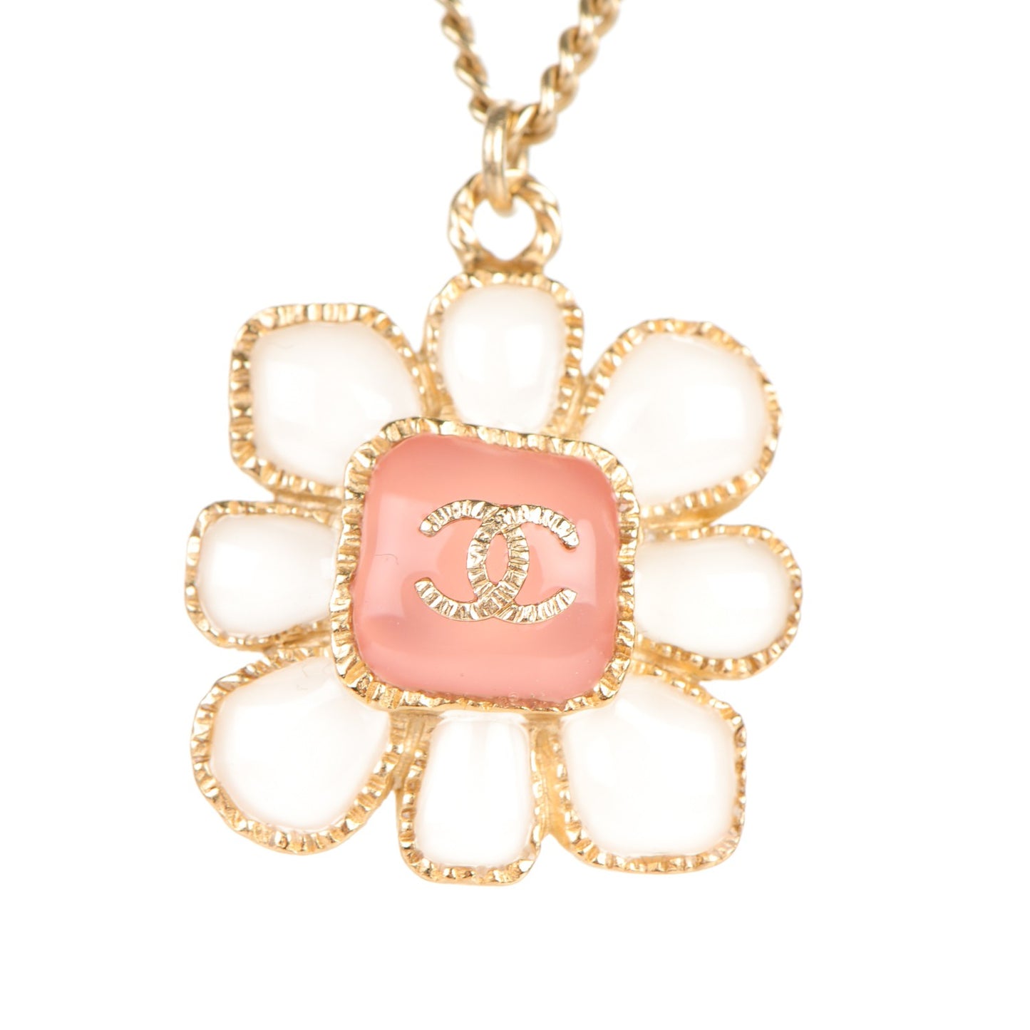 Gripoix Poured Glass CC Korean Blossom Pendant Necklace Pink Gold