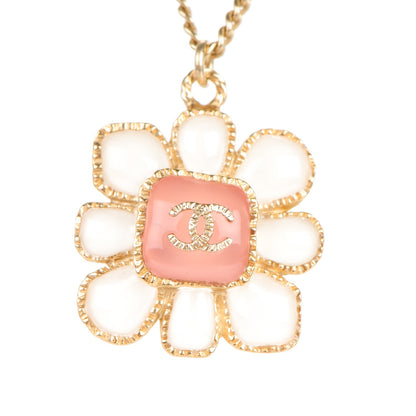 Chanel Gripoix Poured Glass CC Korean Blossom Pendant Necklace Pink Gold 3 of 5