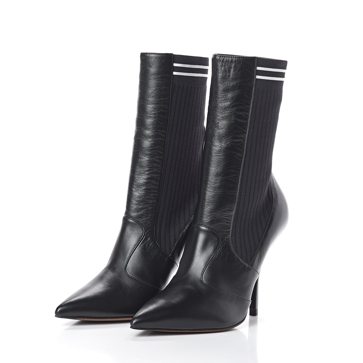 Fendi Vitello Lucido Stretch Fabric Striped Rockoko 105mm Sock Boots 37.5 Black 3 of 6