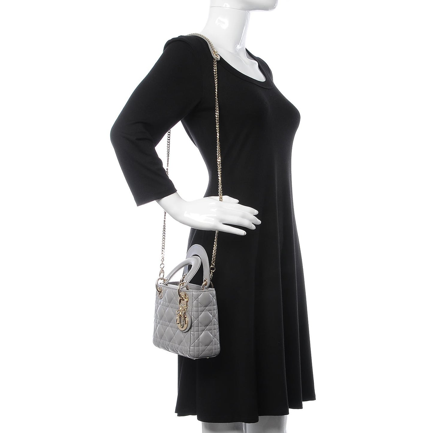 Metallic Lambskin Cannage Mini Lady Dior Grey