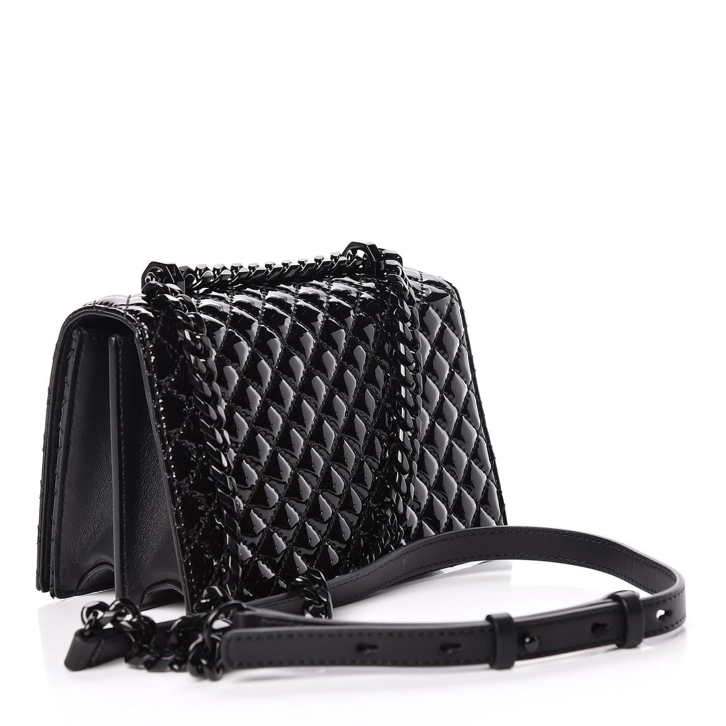 Patent Quilted Small Jeweled Knuckle Satchel Black