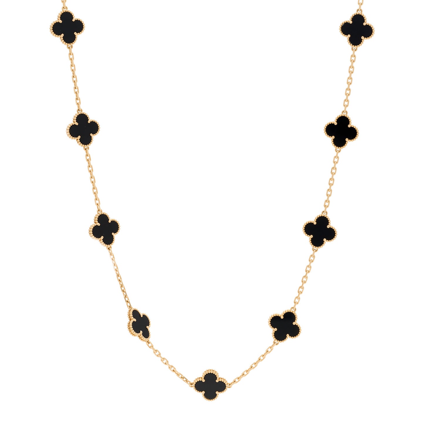 18K Yellow Gold Black Onyx 20 Motifs Vintage Alhambra Necklace