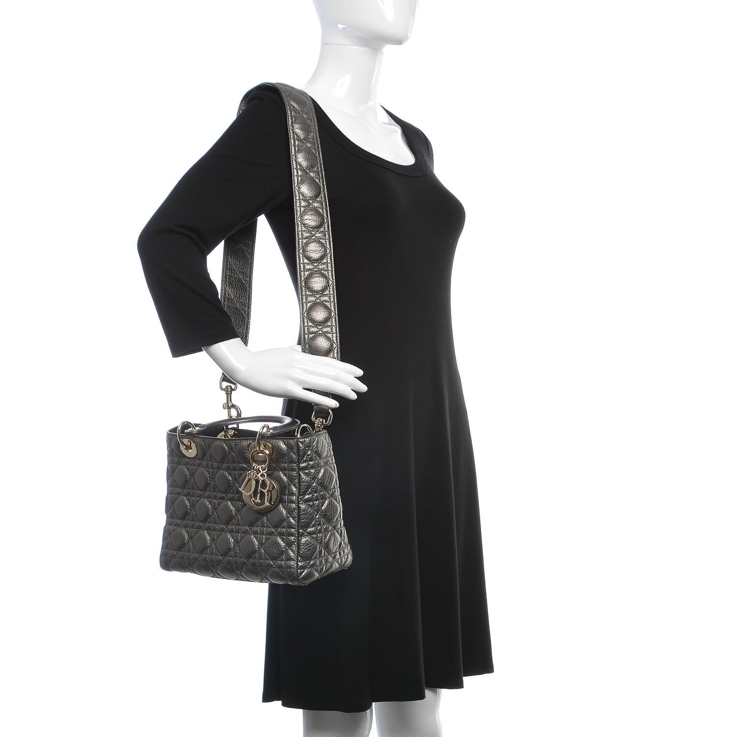 Metallic Calfskin Cannage Medium Supple Lady Dior Gunmetal