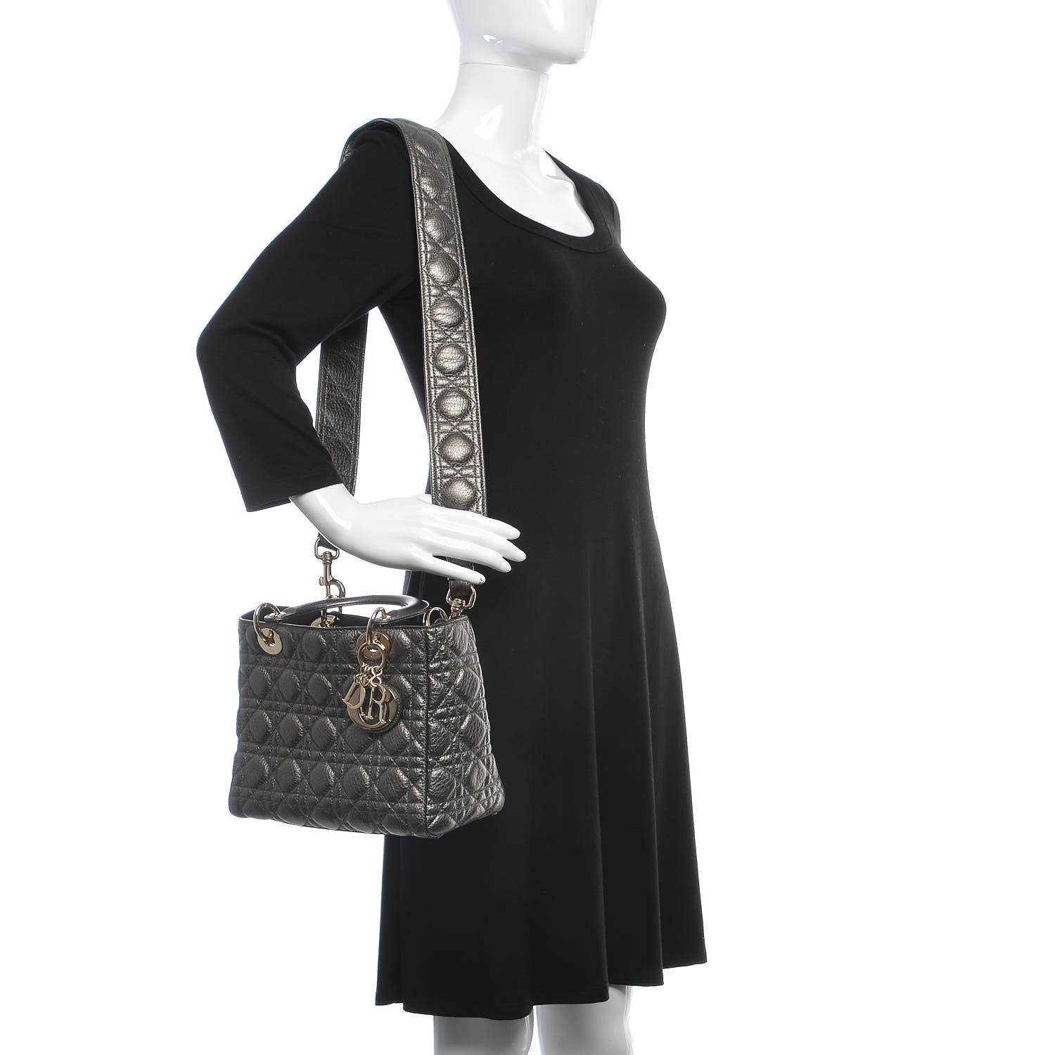 Christian Dior Metallic Calfskin Cannage Medium Supple Lady Dior Gunmetal 2 of 6