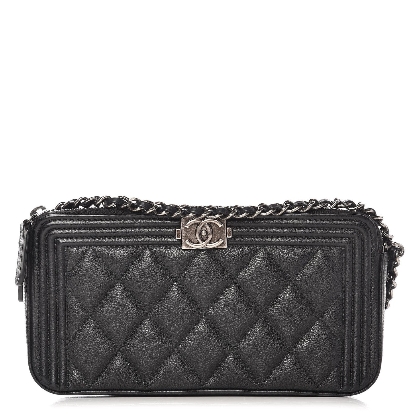 Calfskin Quilted Small Boy Clutch With Chain Black